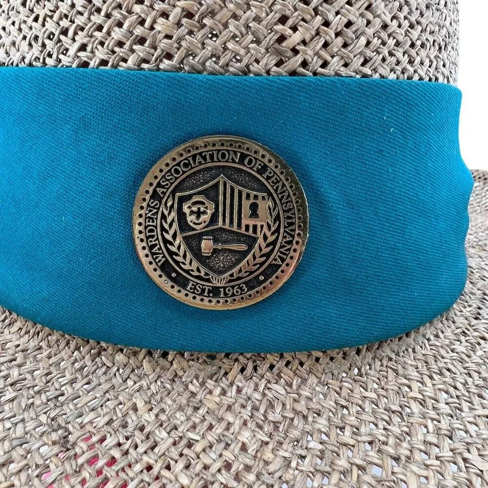 Vintage Straw Panama Boater Hat With Teal Band & Wardens Association Of America - Picture 6 of 11